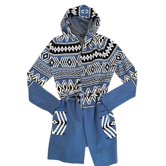 Rachel Zoe Sweaters - Rachel Zoe Women's Blue Aztec Print Belted Hooded Longline Cardigan Size M